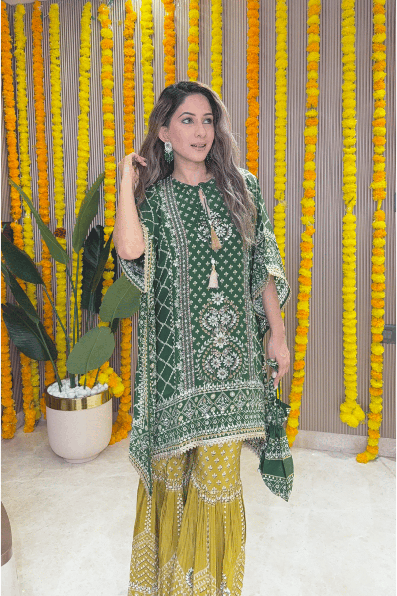 Green Kaftan and Mustard Gharara Co-ord Set