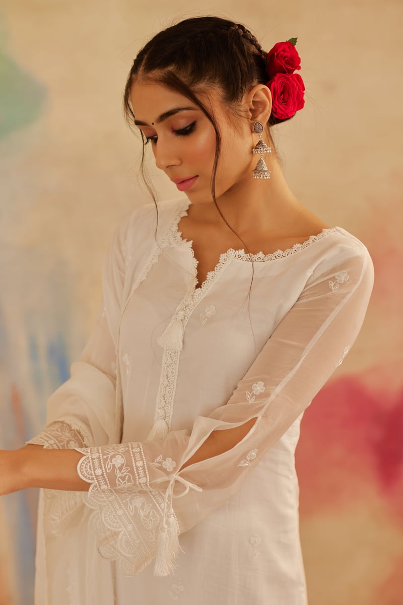 Ivory White Organza Embroidered Straight Suit Set