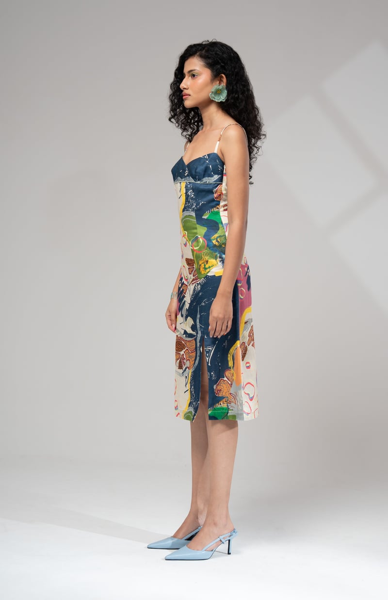 Multicolour Abstract Printed Satin Slip Midi Dress