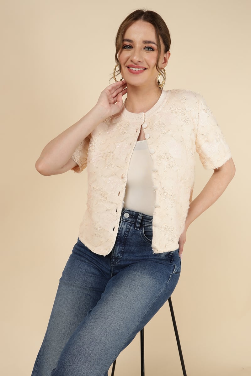 Beige Floral Textured Button-Front Cardigan