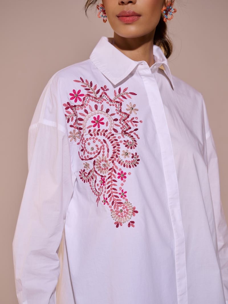 White Cotton Embroidered Button-Down Shirt