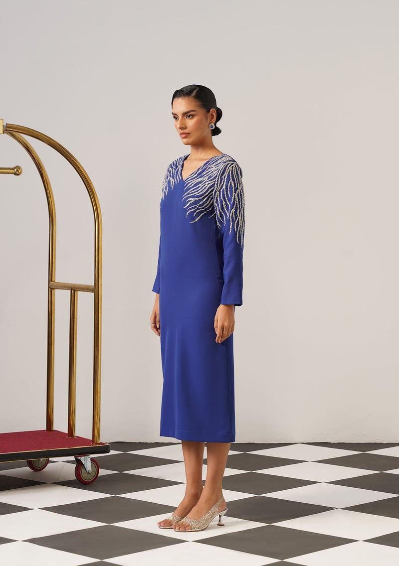 Blue Cutdana-Embellished V-Neck Midi Dress