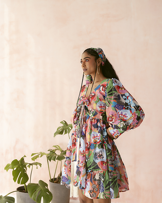 Blue Multicolor Printed Tiered Mini Dress with Front Tie