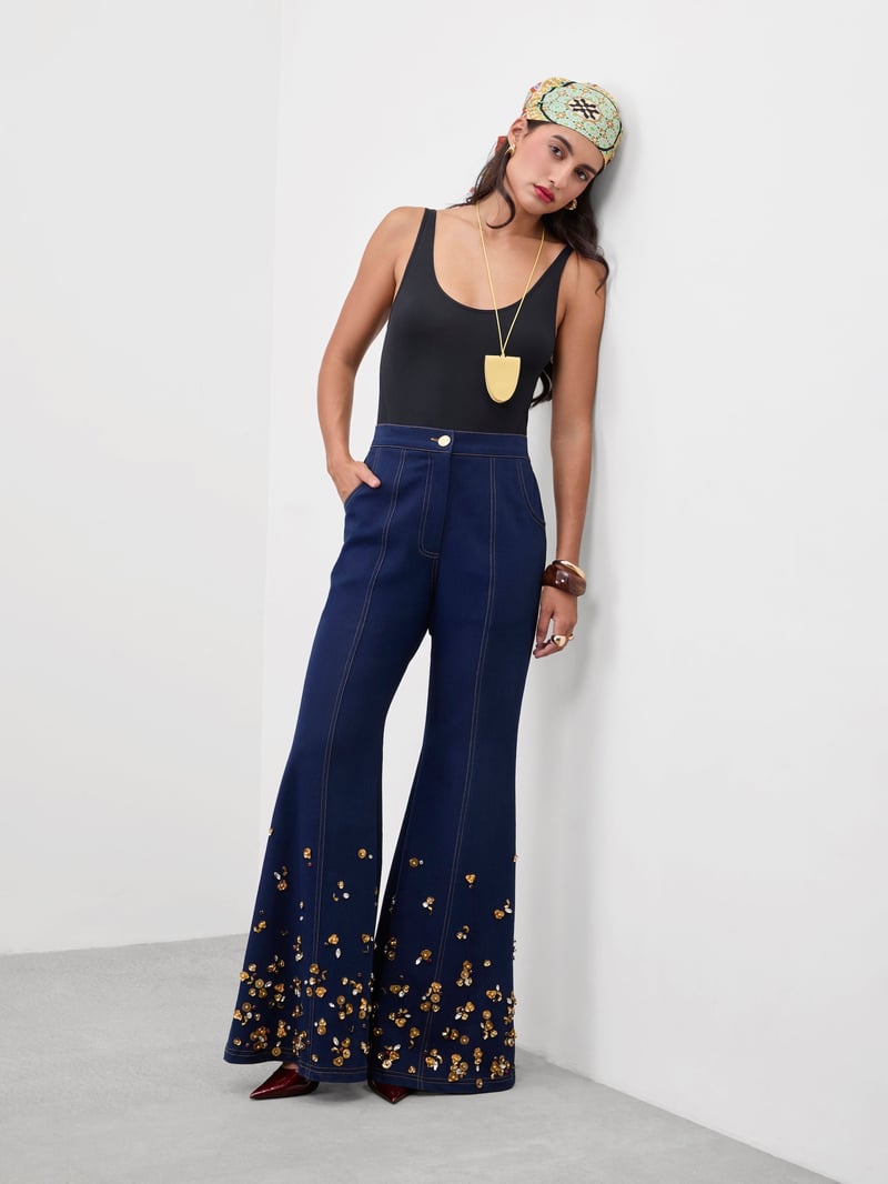 Dark Blue High-Waist Flared Jeans with Metallic Embroidery