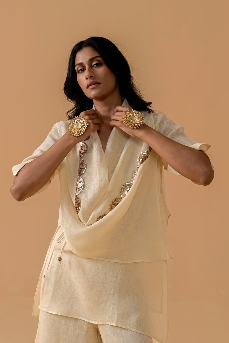 Cream Gauze Linen Cape and Palazzo Co-ord Set