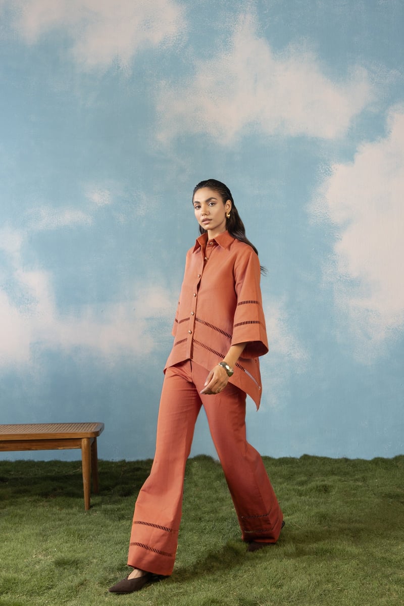 Rust Linen-Blend Shirt and Wide-Leg Trouser Co-ord Set