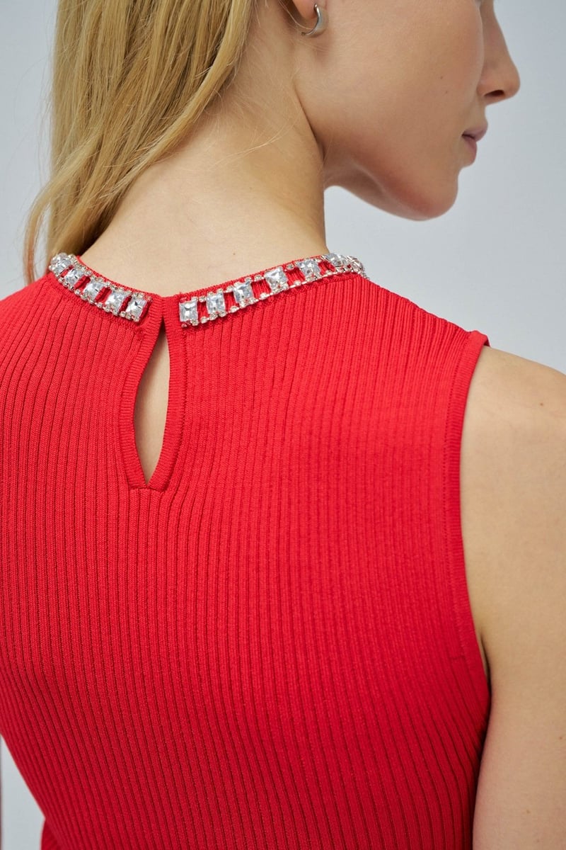 Red Ribbed Sleeveless Top with Embellished Neckline