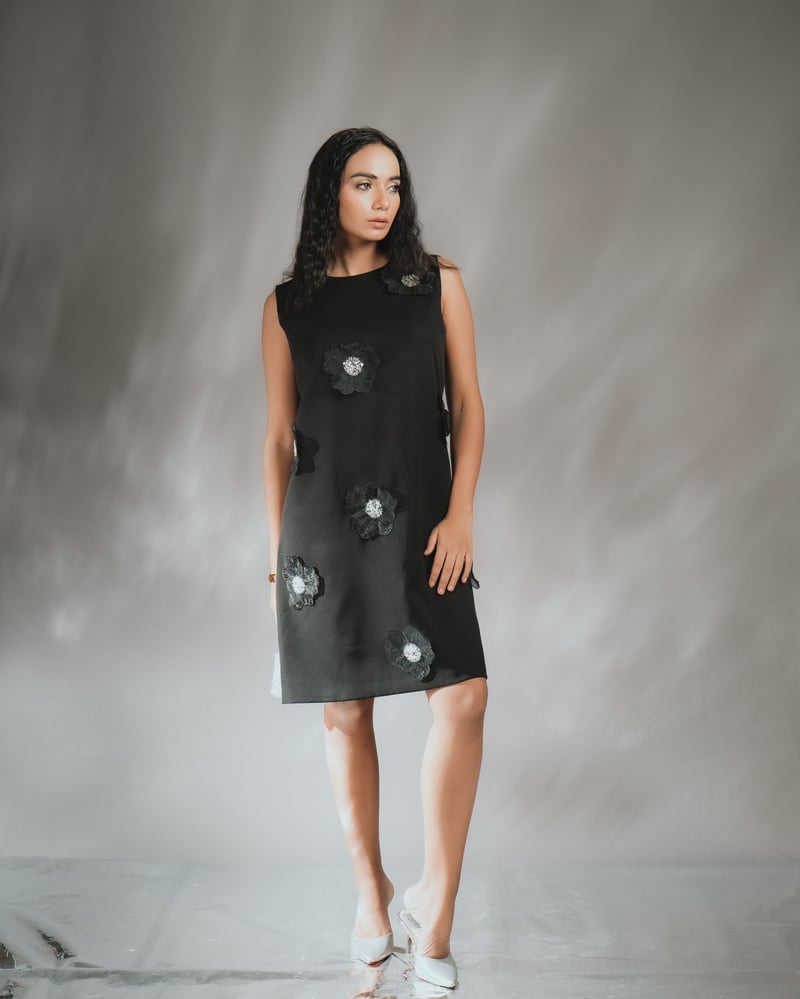 Black A-Line Knee-Length Dress with 3D Floral Applique