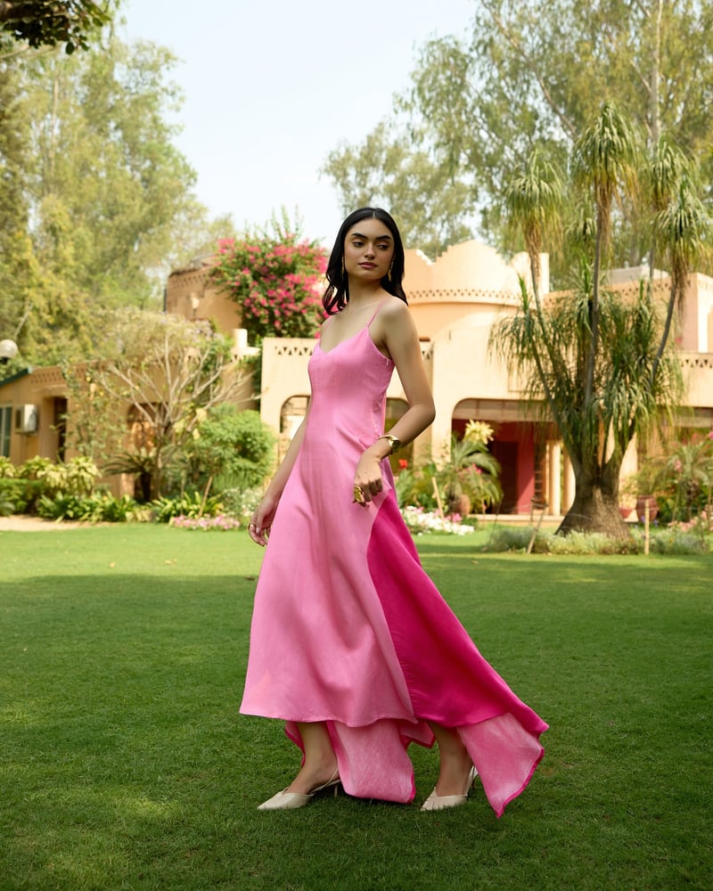 Pink Colorblock Fit and Flare High-Low Midi Dress