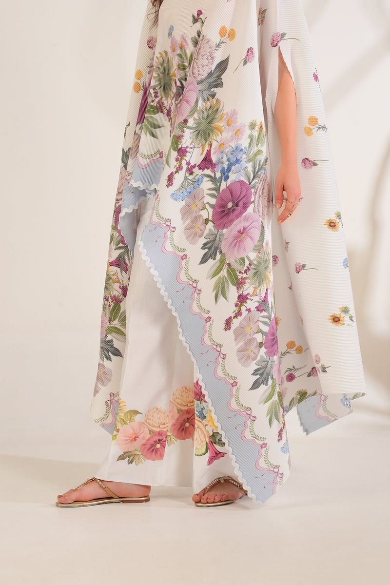 White Floral Pleated Cape and Trouser Co-ord Set