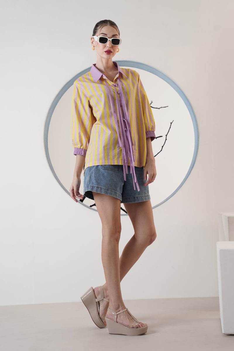 Yellow and Lilac Striped Twist and Tie Shirt