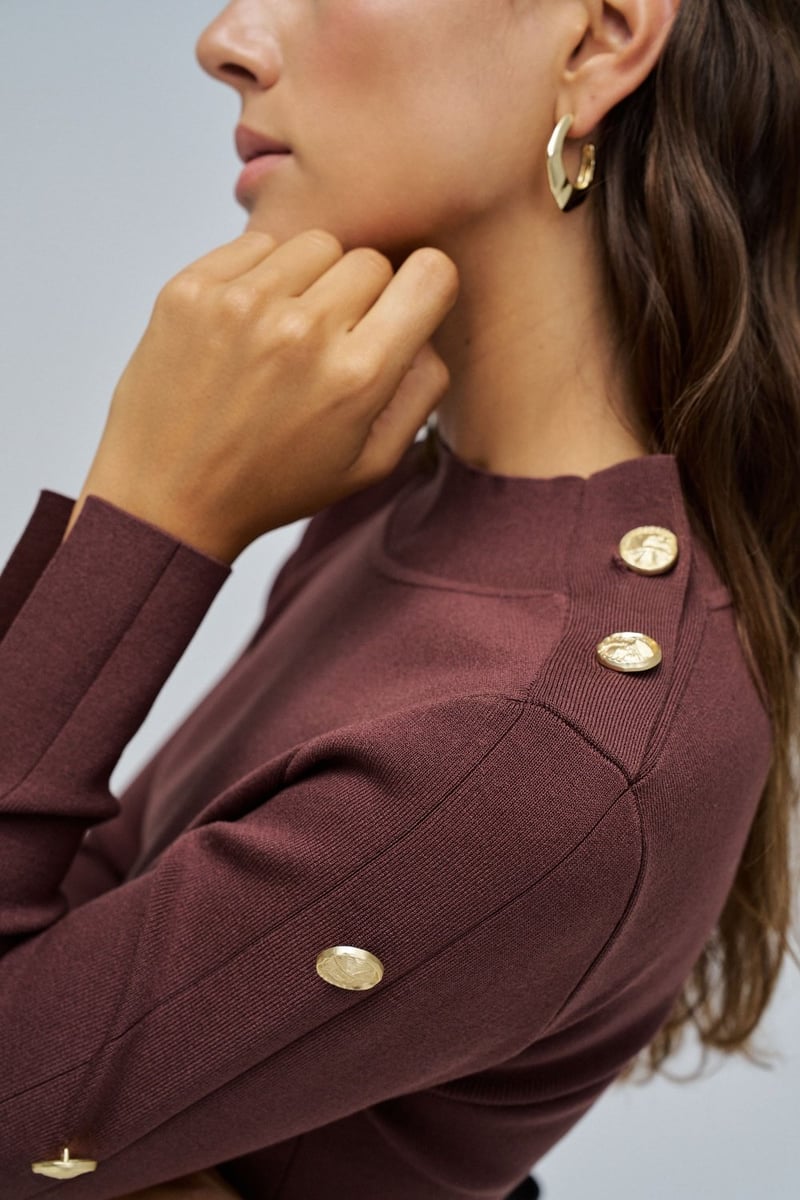 Medium Brown Rib-Knit High Neck Sweater with Button Detail