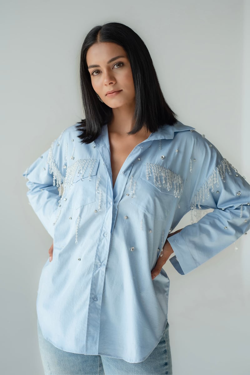Blue Cotton Oversized Crystal-Embellished Shirt — MAGIA