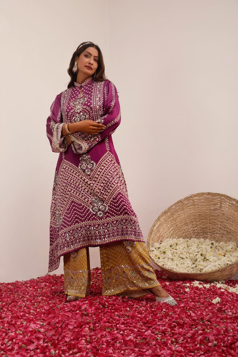 Purple and Mustard A-Line Mirror Work Kurta Set