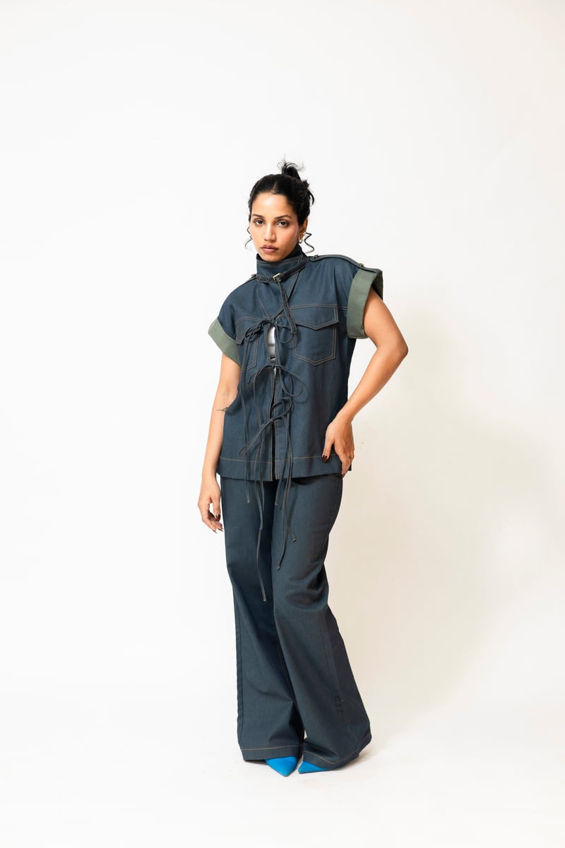Dual-Tone Denim Utility Jacket with Lace-Up Front