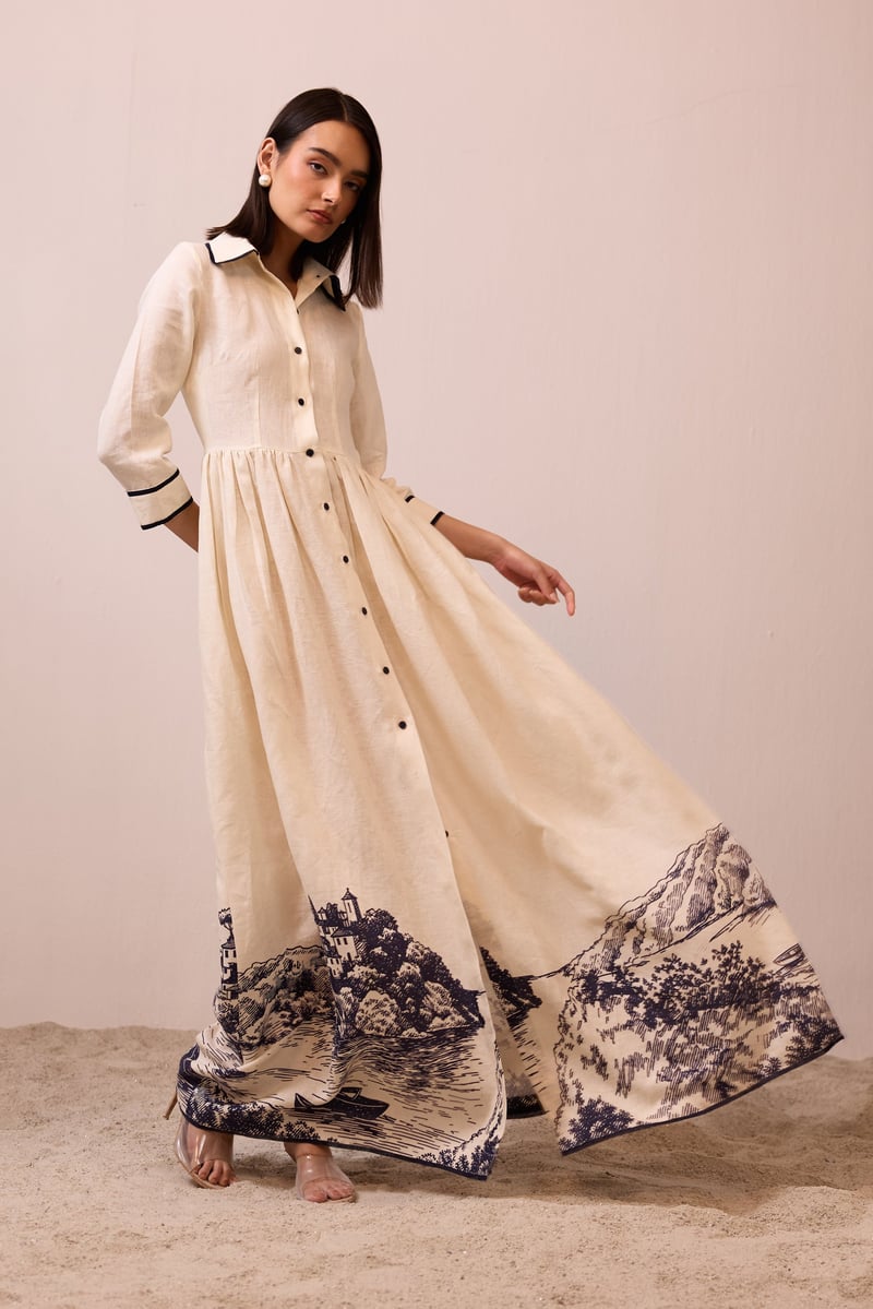 Apricot Linen Maxi Shirt Dress with Landscape Hem Print