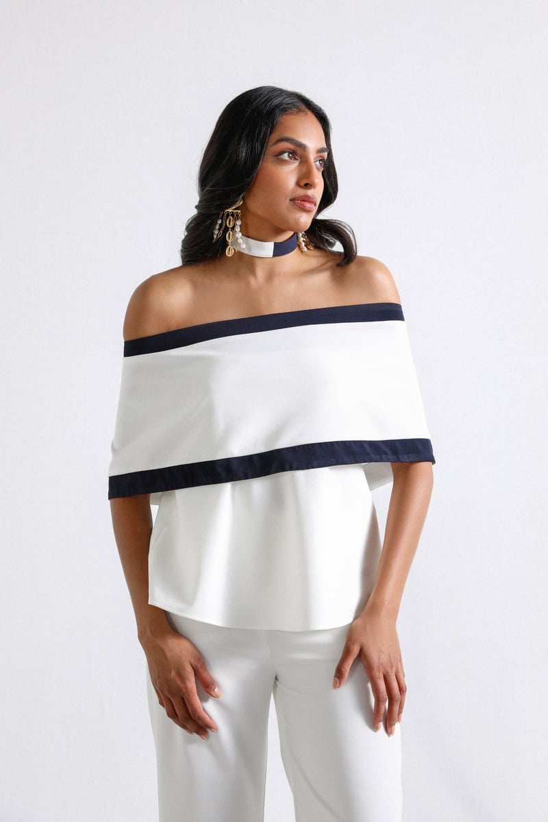 White and Navy Off-Shoulder Co-ord Set with Bootcut Pants