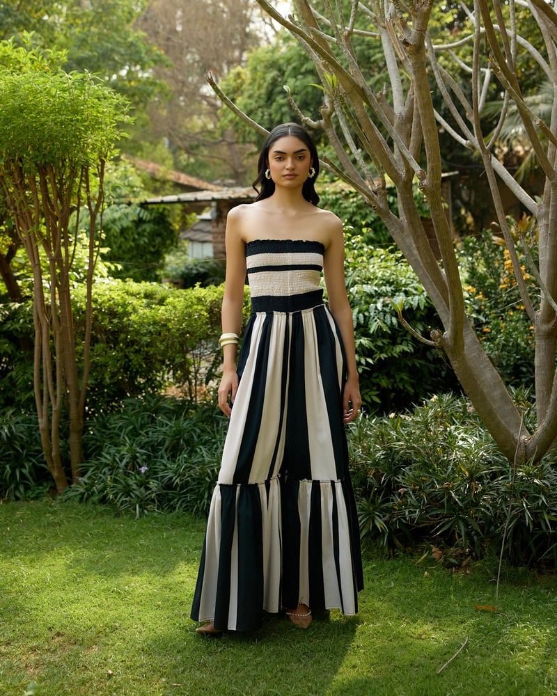 Black and White Striped Smocked Bandeau Maxi Jumpsuit