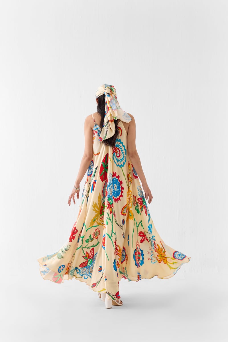 Cream Floral Printed Strappy Maxi Dress