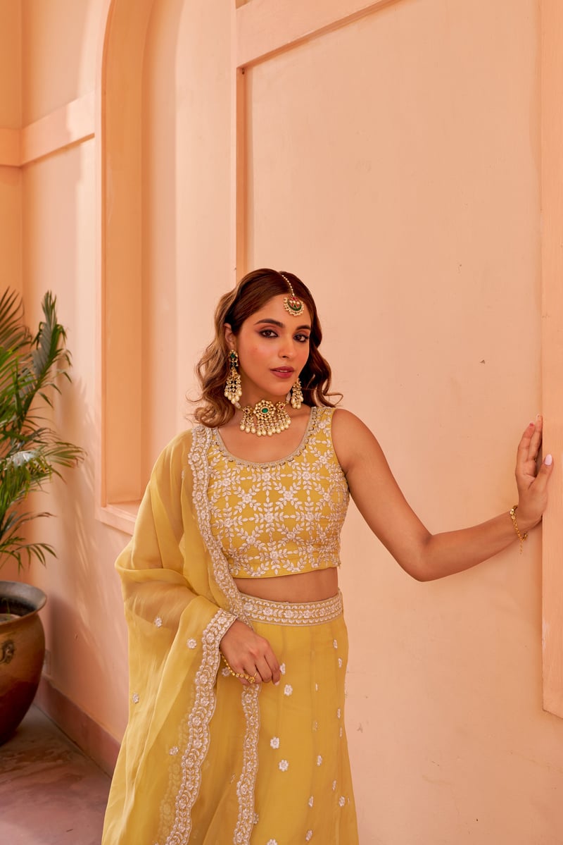 Yellow Organza Embroidered Lehenga Set with Dupatta
