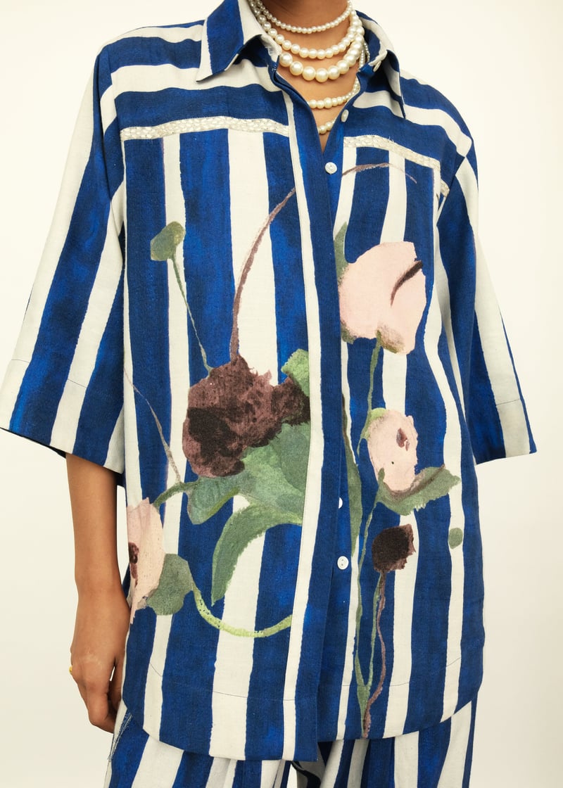 Blue and White Striped Abstract Floral Anti-Fit Shirt