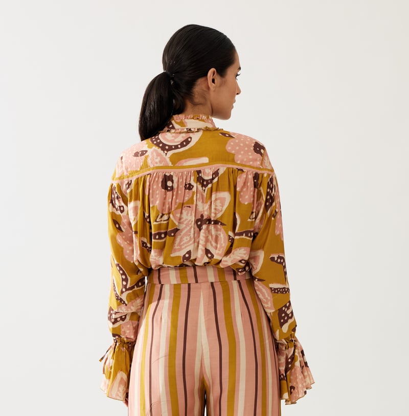 Mustard And Pink Floral Frill Collar Shirt