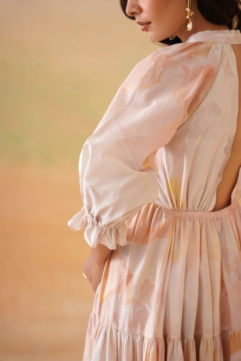 Pink Floral Tiered Knee-Length Dress with 3/4 Sleeves