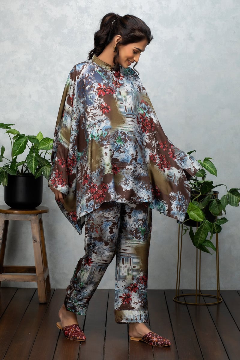 Beige Brown Silk Printed Kaftan Top and Pants Co-ord Set
