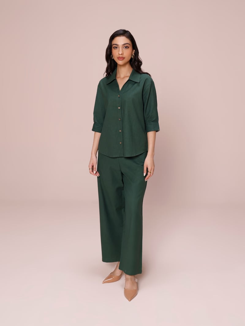 Forest Green Linen Blend Shirt and Pants Co-ord Set — Cosset Clothing