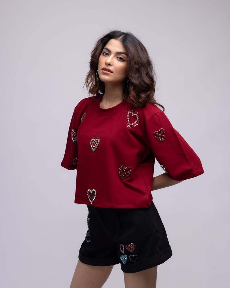 Black Denim High-Rise Shorts with Embellished Hearts