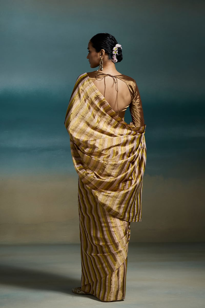 Metallic Peach-Gold Tissue Striped Saree