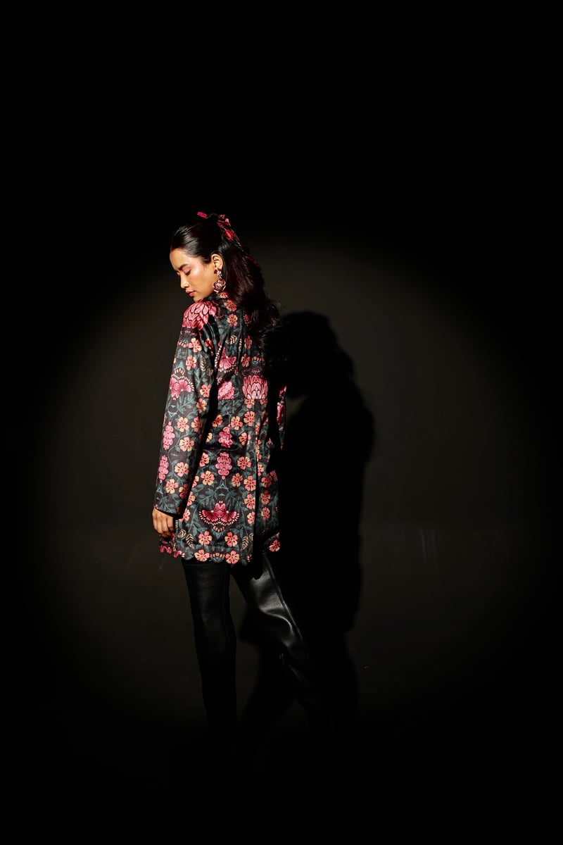 Black Velvet Floral Scalloped Button-Front Jacket