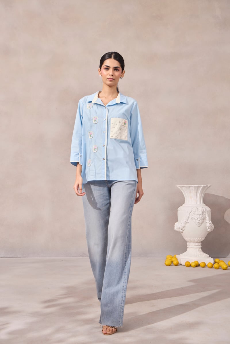 Frost Blue Cotton Poplin Shirt with Applique and Pearl Pocket