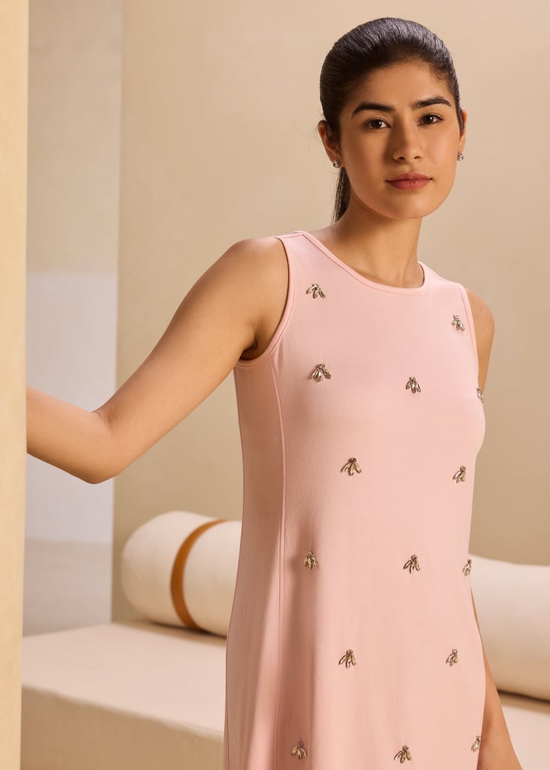 Pearl Pink Rhinestone Embellished Shift Dress