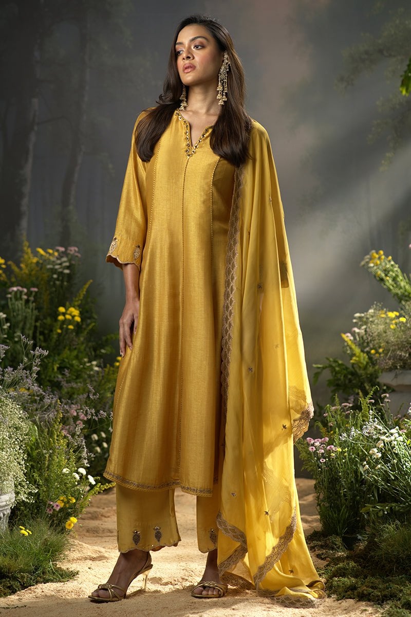 Honey Gold Raw Silk Anarkali Kurta Set with Dupatta
