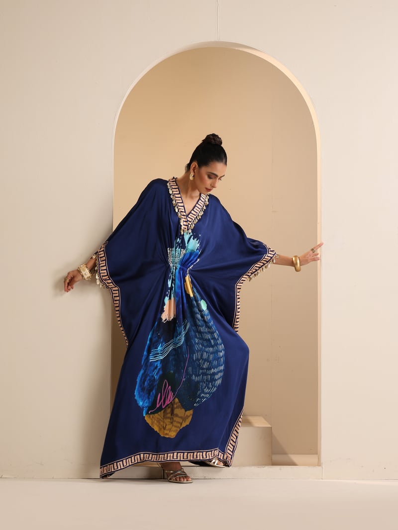Multicolor Modal Satin Abstract Print Maxi Kaftan