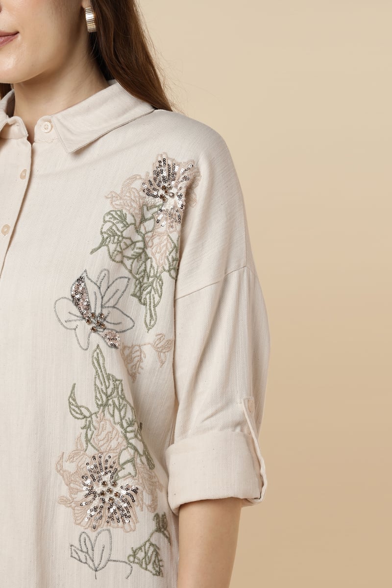 Natural Cotton Longline Embroidered Shirt