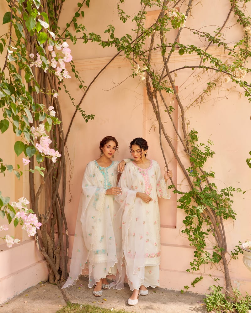 Ivory Pink Embroidered Chanderi Straight Suit Set