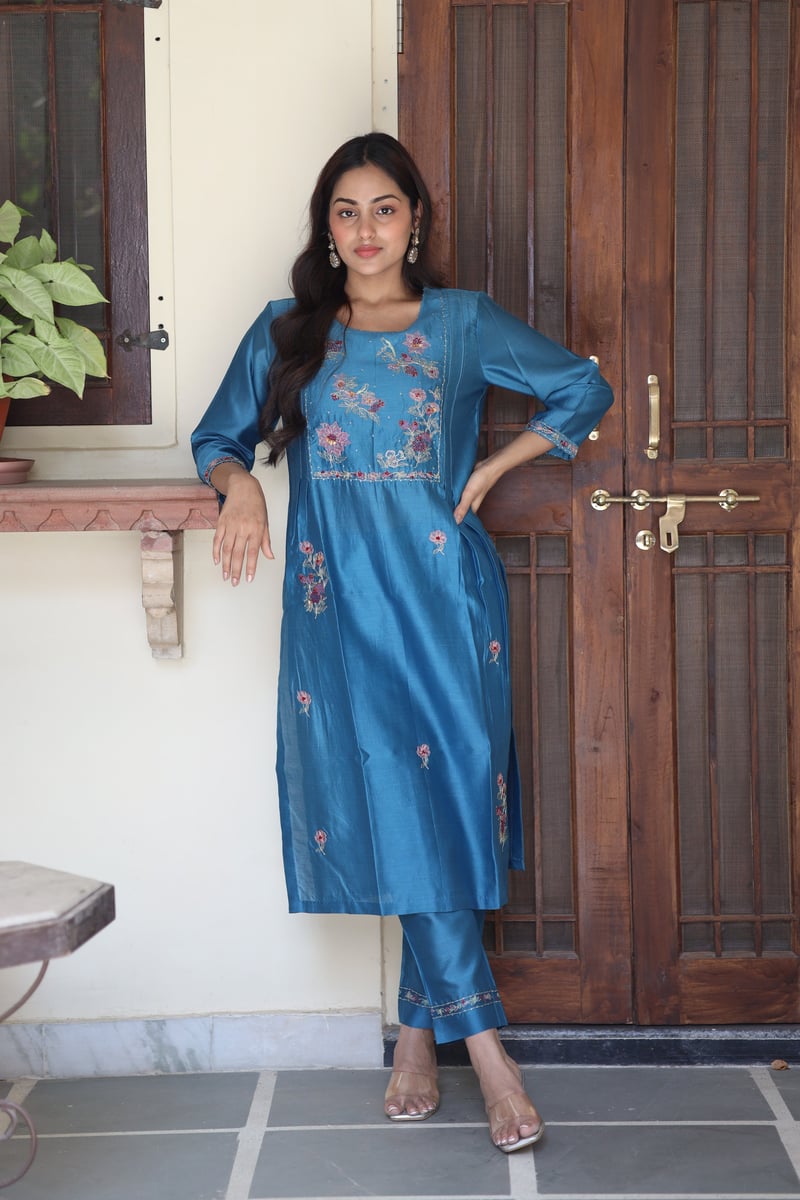 Prussian Blue Chanderi Embroidered Kurta Set with Dupatta