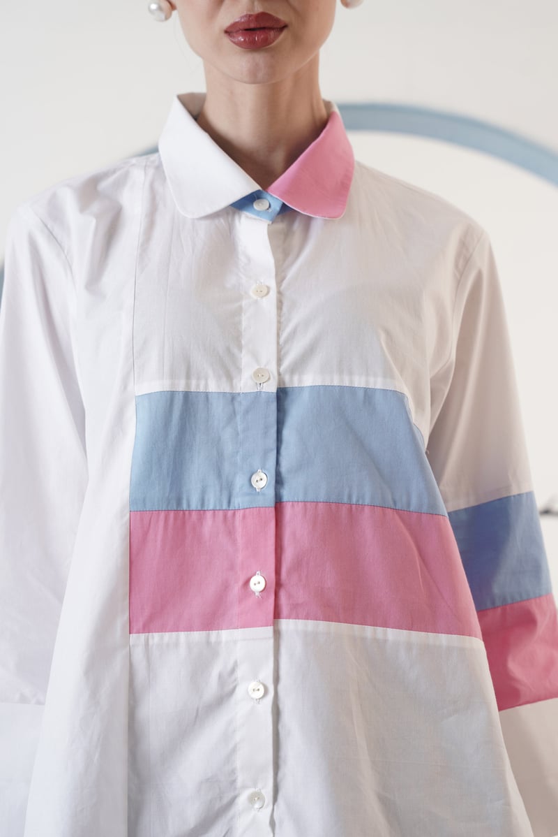 White Colourblock Button-Down Shirt with 3/4 Sleeves