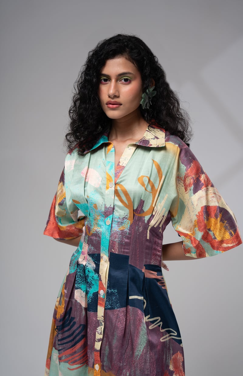 Multicolour Abstract Print Button-Down Midi Shirt Dress