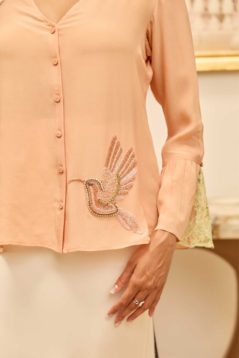 Serenade Peach Hand Embroidered French Lace Crepe Silk Top