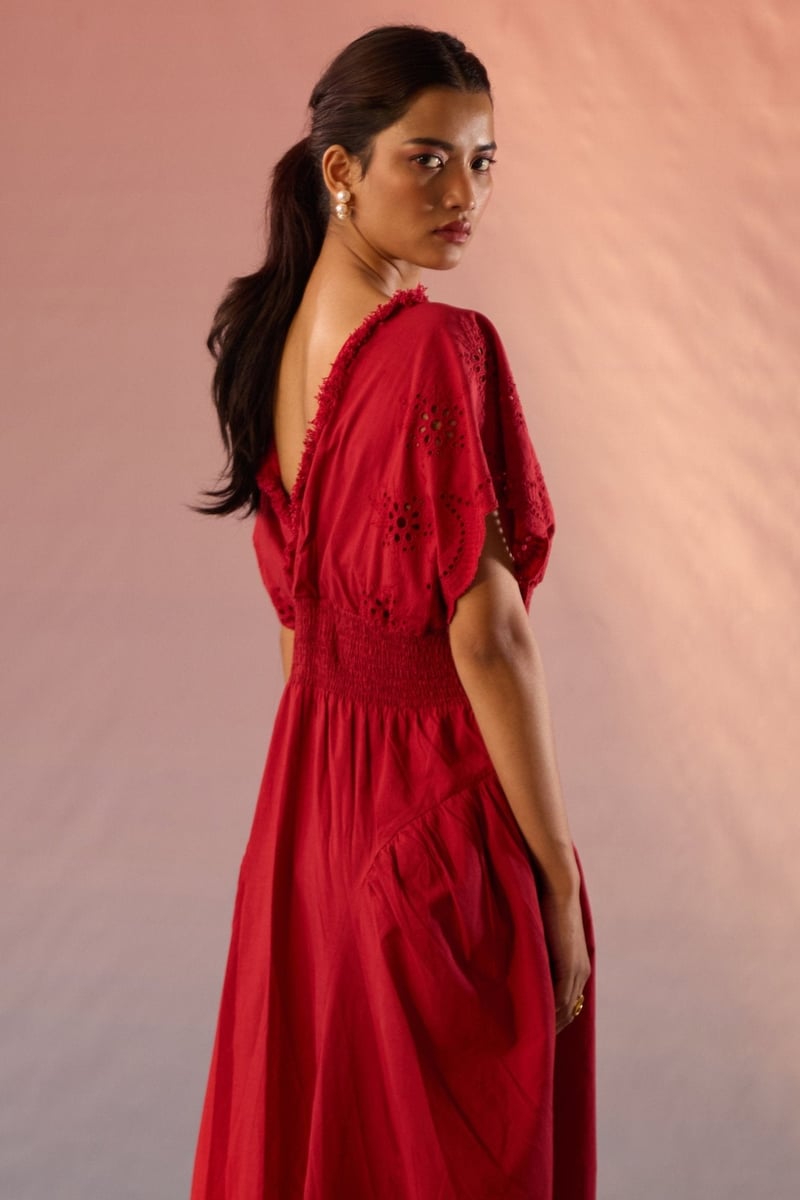 Red Cotton Schiffli V-Neck Smocked Waist Maxi Dress