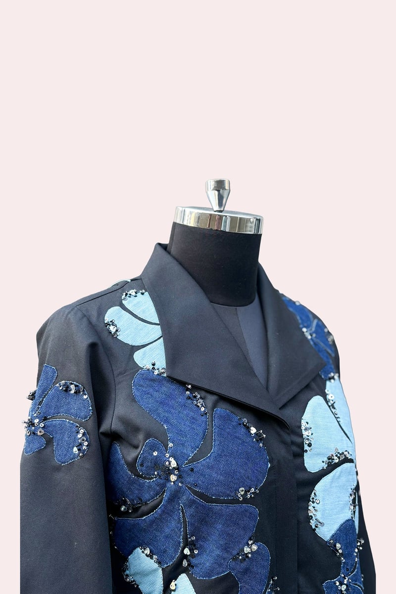 Black Suiting Midi Dress with Blue Floral Embroidery