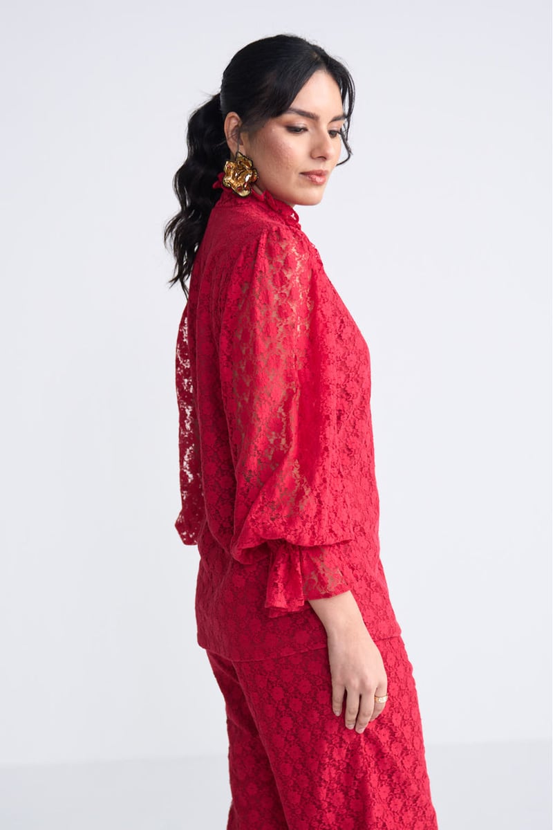 Red Lace Button-Front Co-ord Set with Flared Pants