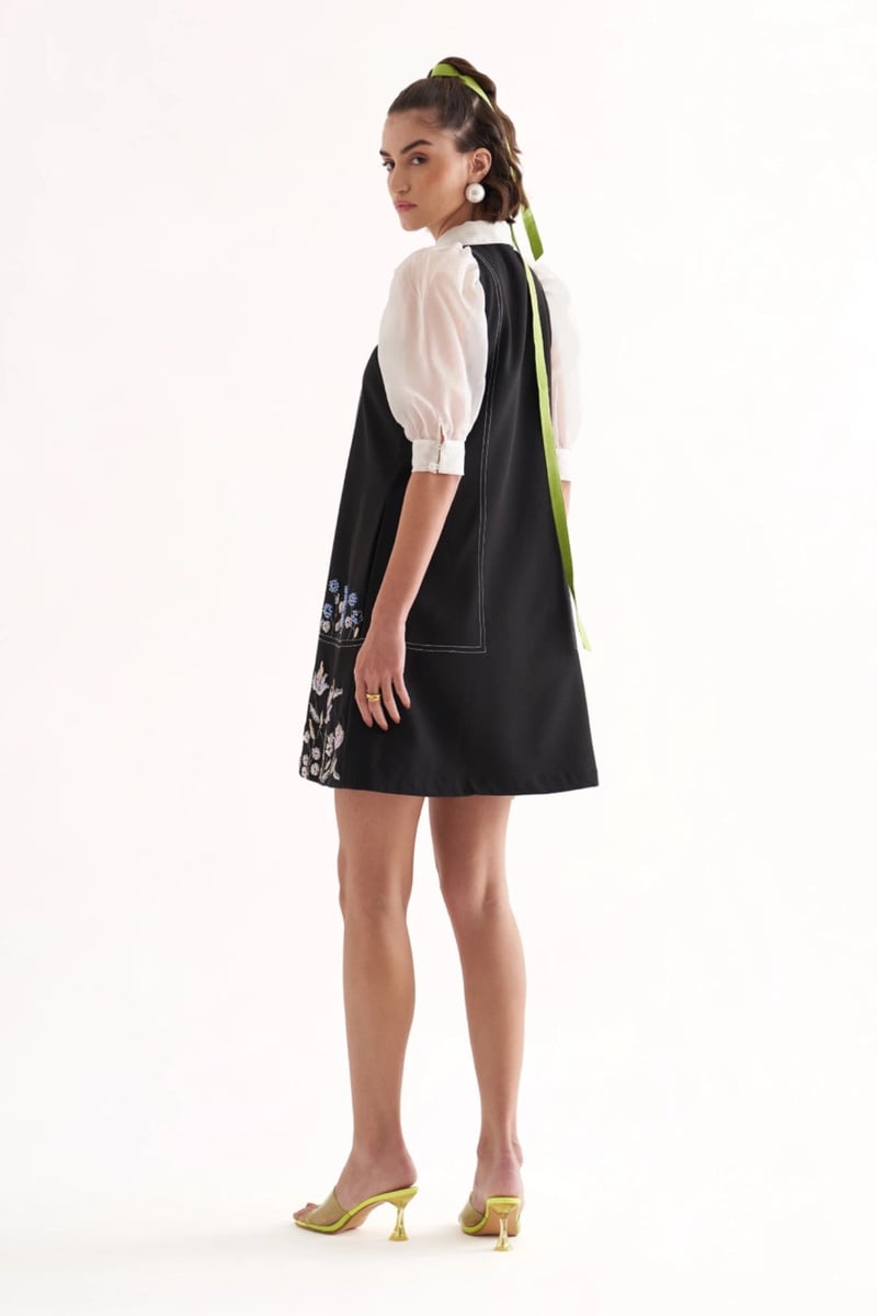 Black and White A-Line Mini Dress with Organza Sleeves