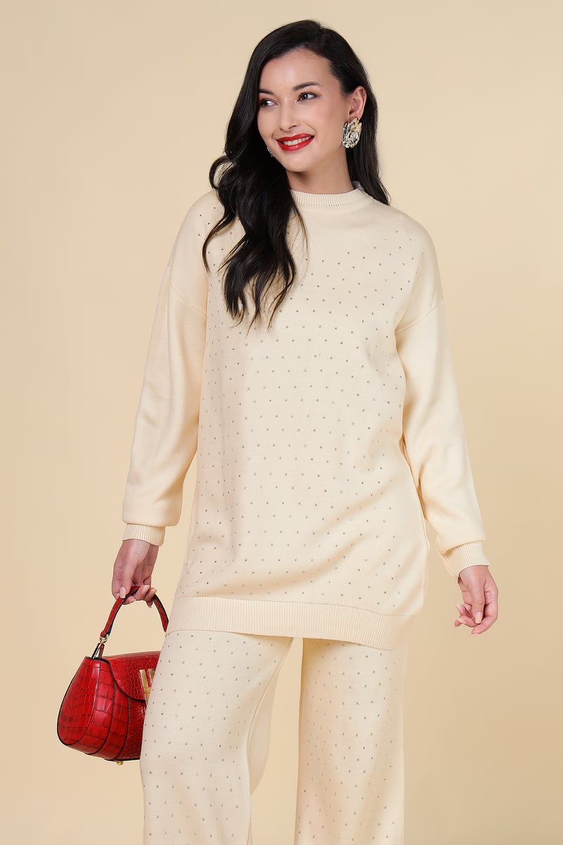 Ivory Embellished Knit Co-ord Set with Wide-Leg Pants