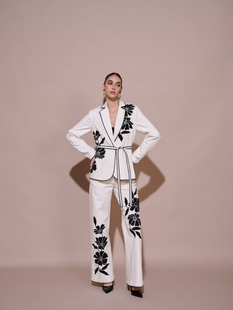 White Belted Embroidered Tailored Blazer