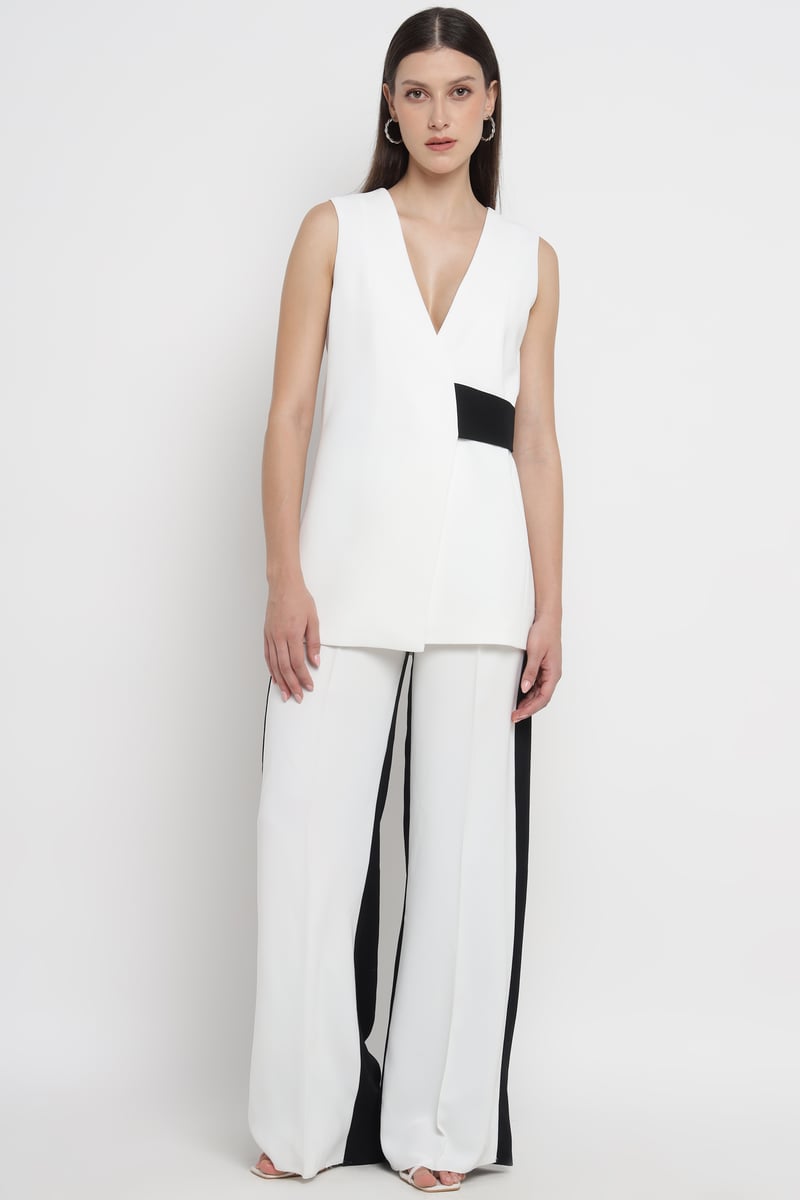 White V-Neck Longline Waistcoat with Black Waist Accent