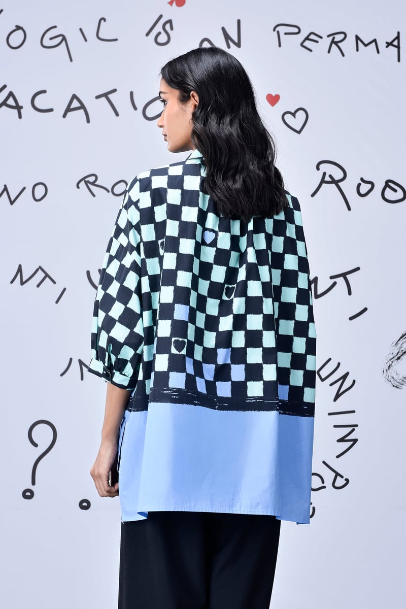 Blue Green Chessboard Check Free Size Oversized Shirt